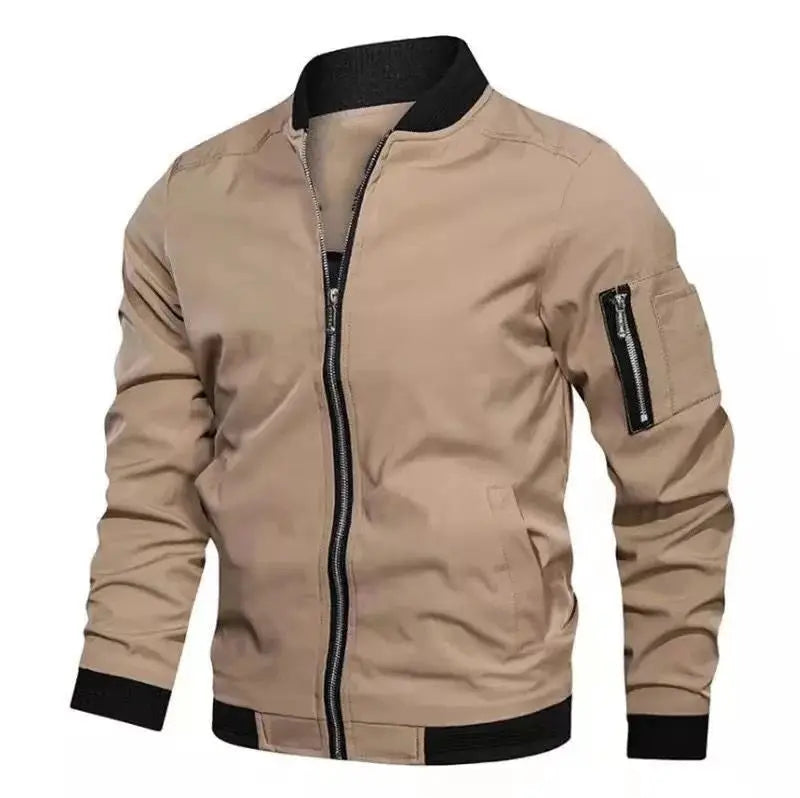 Simples Market tan men's windbreaker jacket with front zip, black ribbed collar and cuffs, sleeve zip pocket