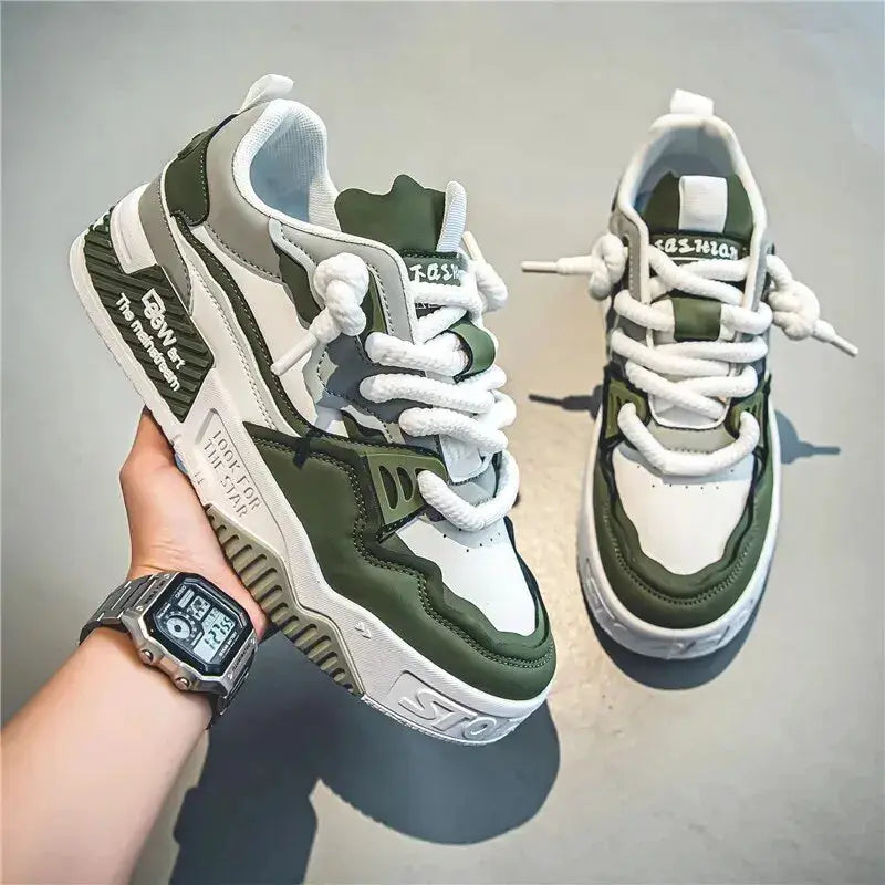Men's Trendy Skate Shoes by Simples Market, green and white lace-up sneakers with a chunky non-slip sole, pair