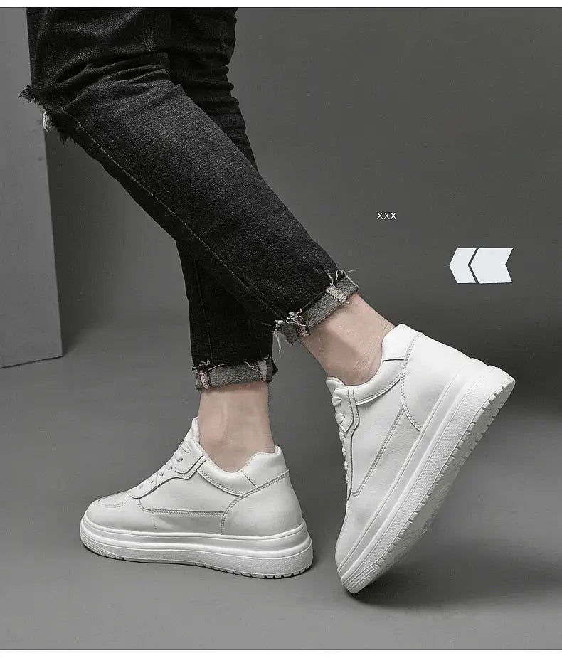 Simples Market men's elevator sneakers, white leather casual shoes with height-increase sole