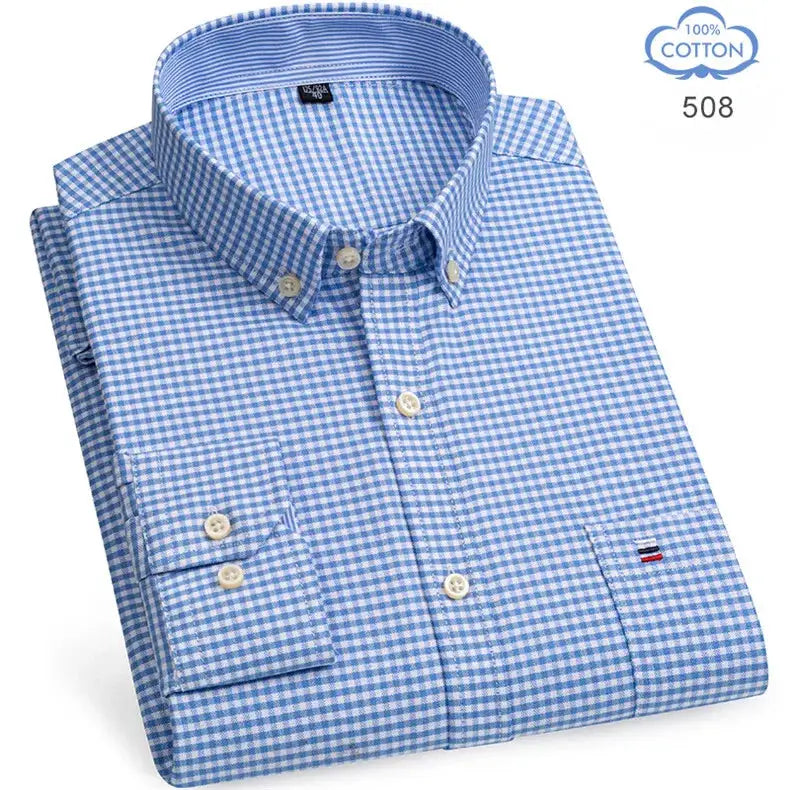 Men's blue and white gingham Oxford shirt, 100% cotton, long sleeve by Simples Market