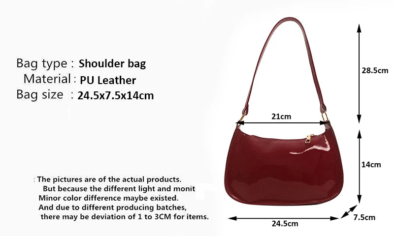 Women's PU leather shoulder bag in cherry red with a glossy finish and shoulder strap; 24.5x7.5x14 cm