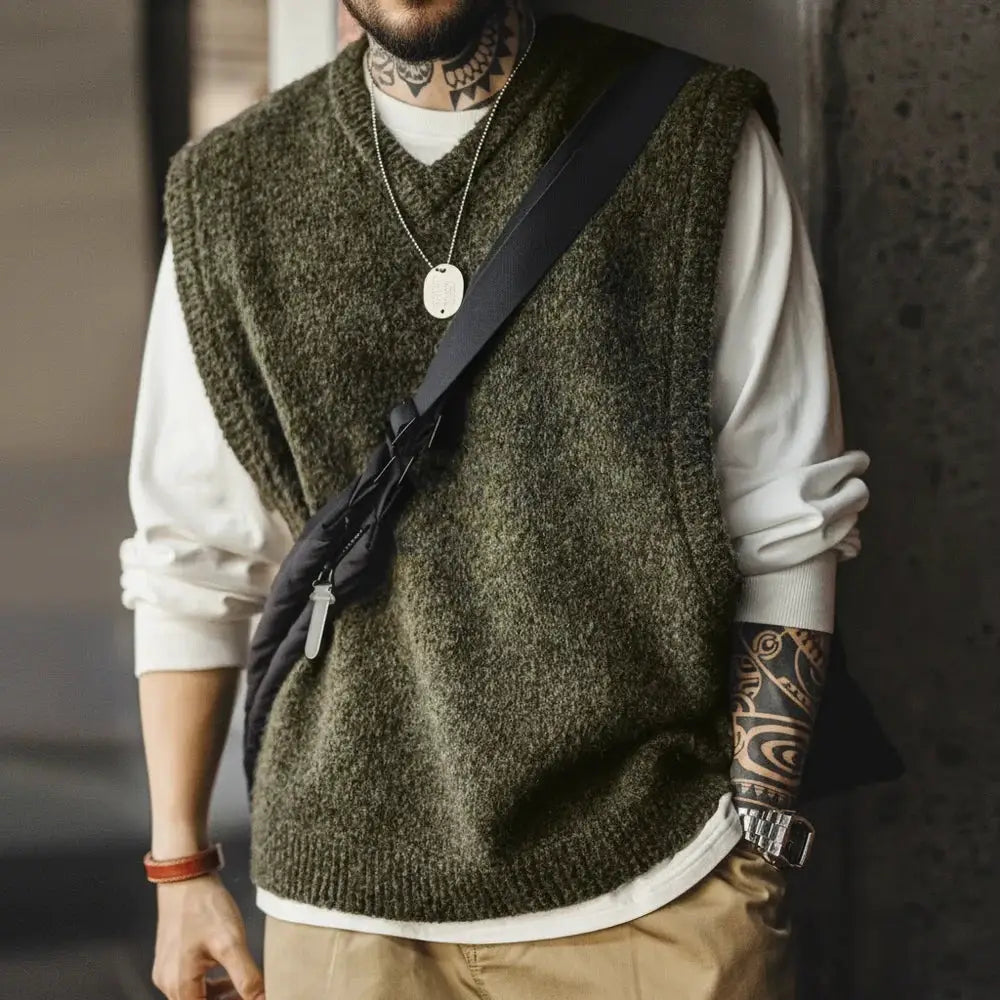 Maden Retro wool-blend knitted V-neck vest for men in olive green, sleeveless layering waistcoat.