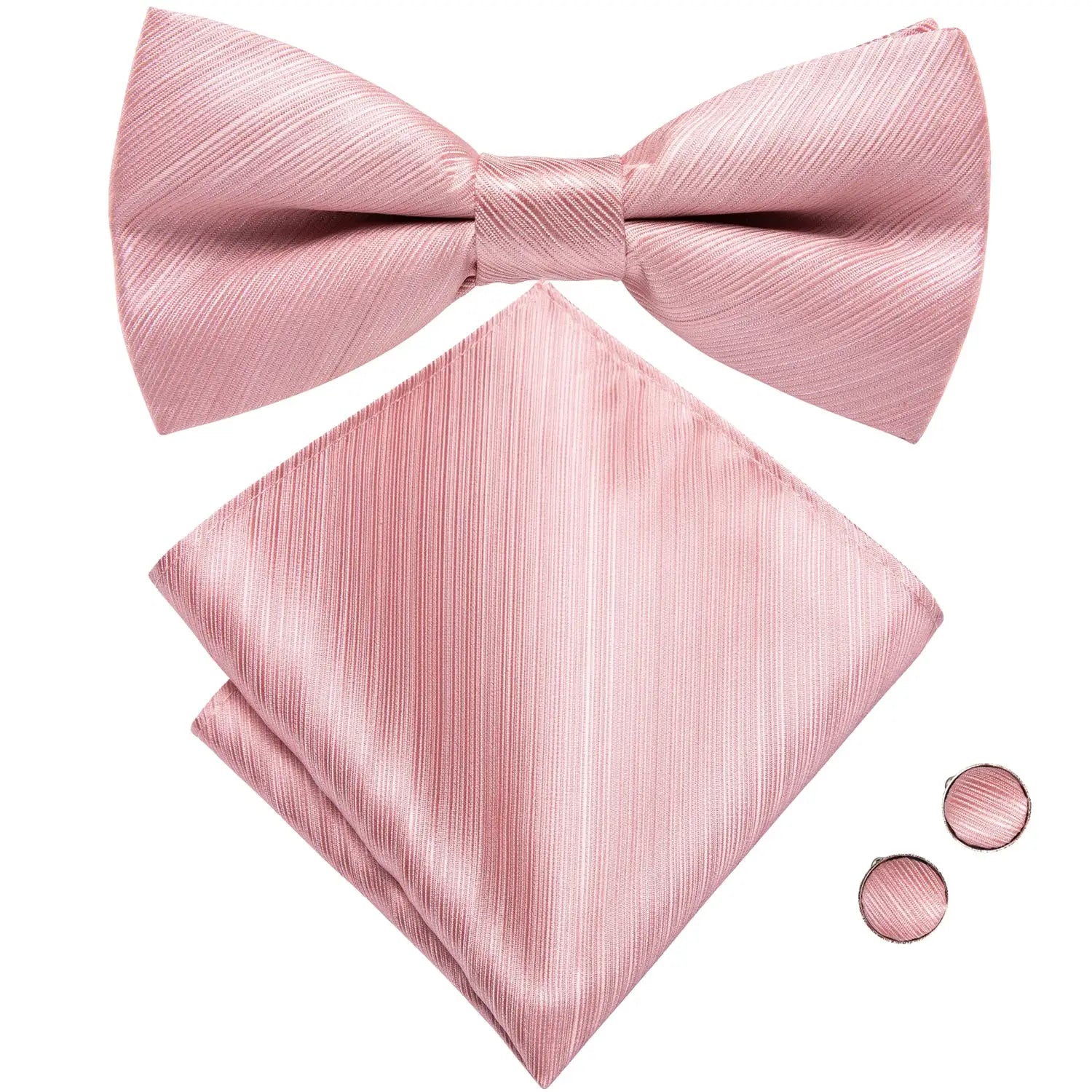 Pink satin bow tie, pocket square, and three cufflinks set by Simples Market