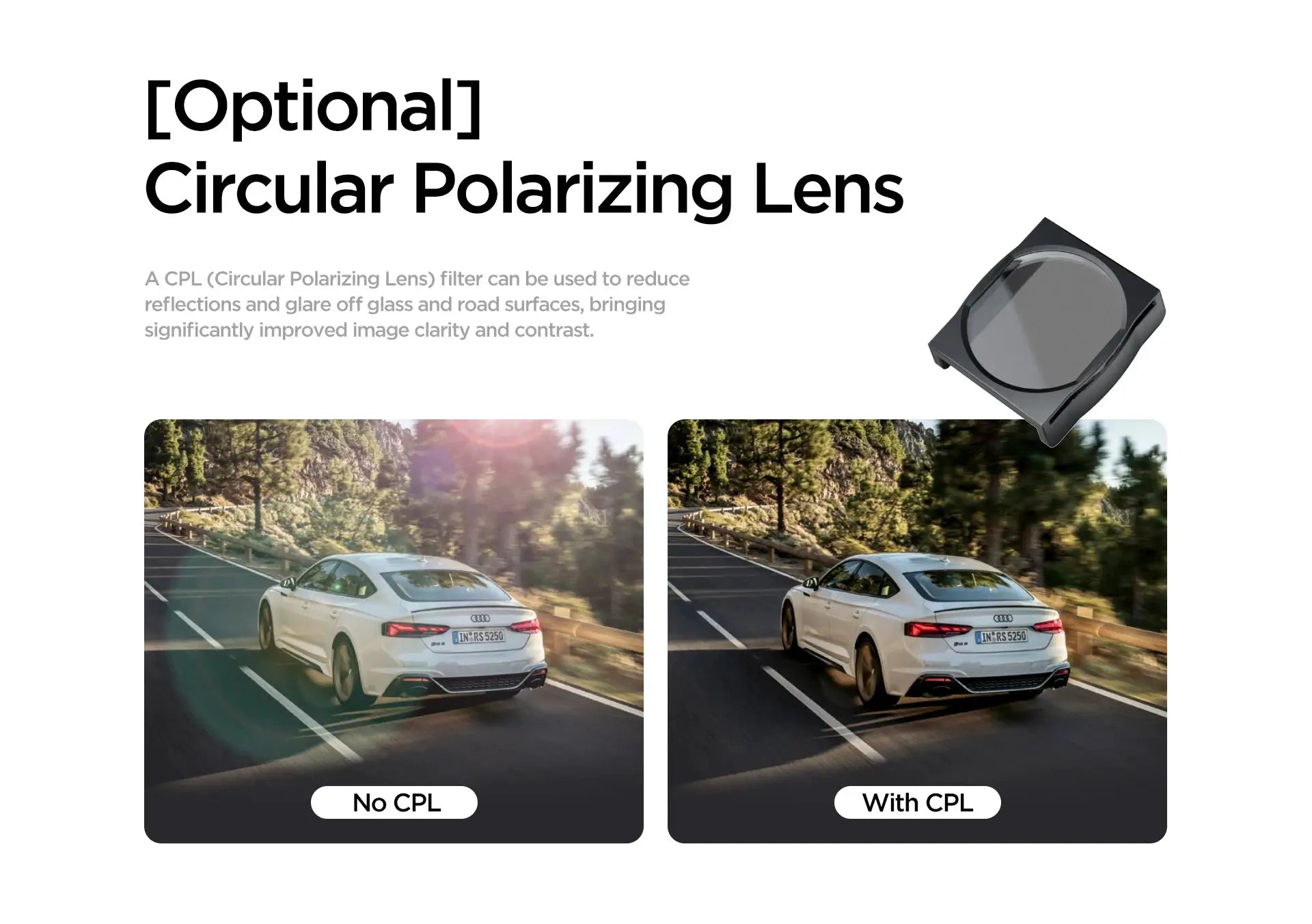 Circular polarizing lens for VIOFO A119MINI-2 dash cam by Simples Market; No CPL vs With CPL comparison.
