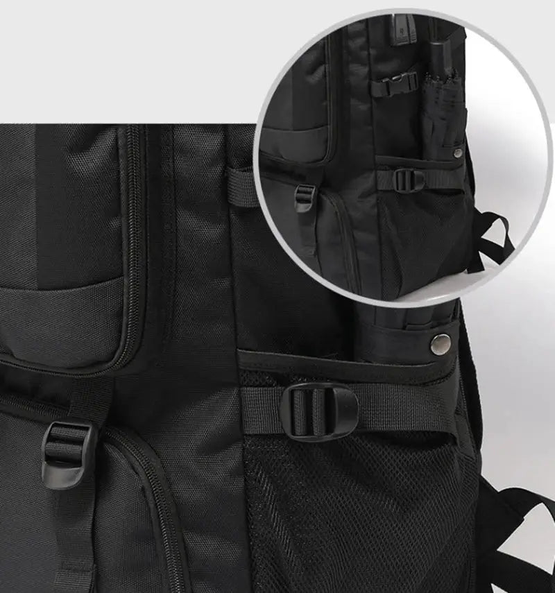 Large black nylon travel backpack with multiple pockets, buckle straps, and a mesh side pocket.