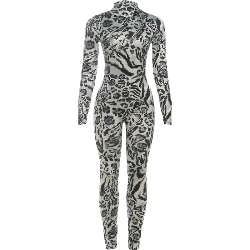 Kliou leopard-print jumpsuit for women in gray/black, turtleneck, long sleeves, skinny fit by Simples Market.