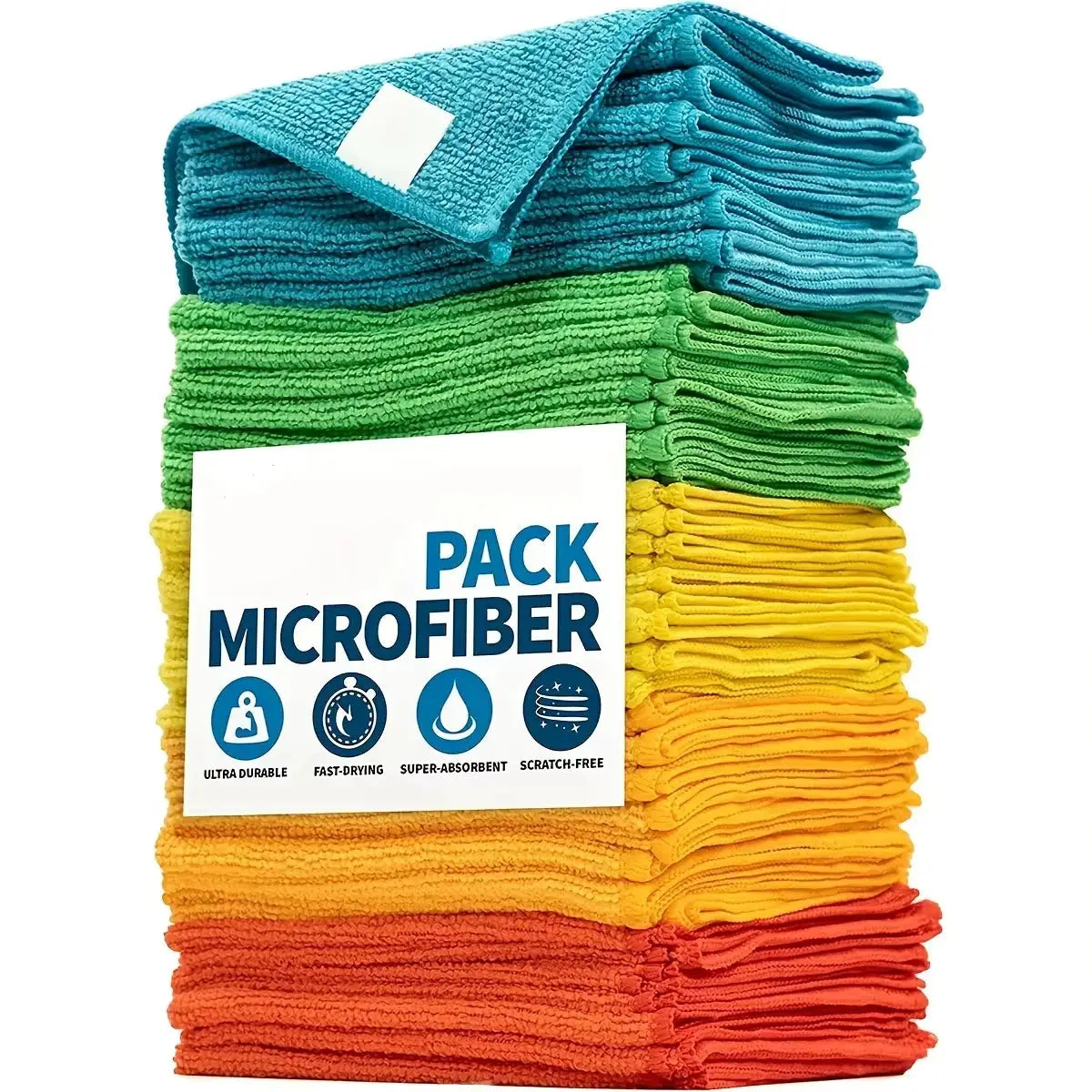 Microfiber cleaning cloths pack from Simples Market in a 5-color assortment: blue, green, yellow, orange and red