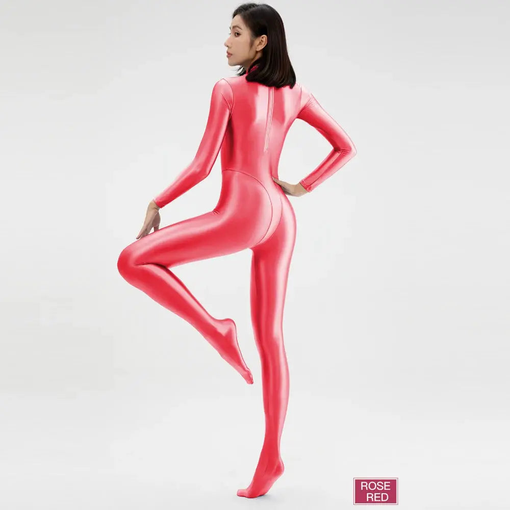 Rose red wet-look catsuit jumpsuit with back zipper, full-body glossy Zentai