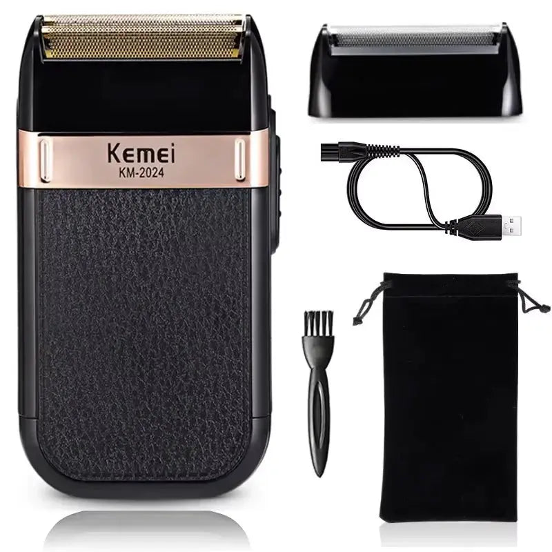 Kemei KM-2024 wireless hair trimmer black with rose-gold band; 5-piece kit with USB cable, brush, extra head, and pouch