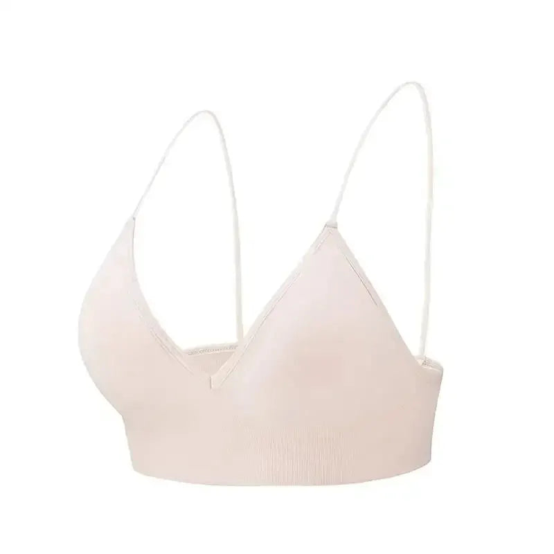 V-neck seamless triangle-cup bralette camisole in nude beige, breathable stretchy undergarment