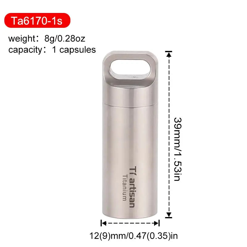 Tiartisan titanium mini pill bottle with loop-top; sealed, waterproof EDC capsule container (holds 1 capsule)