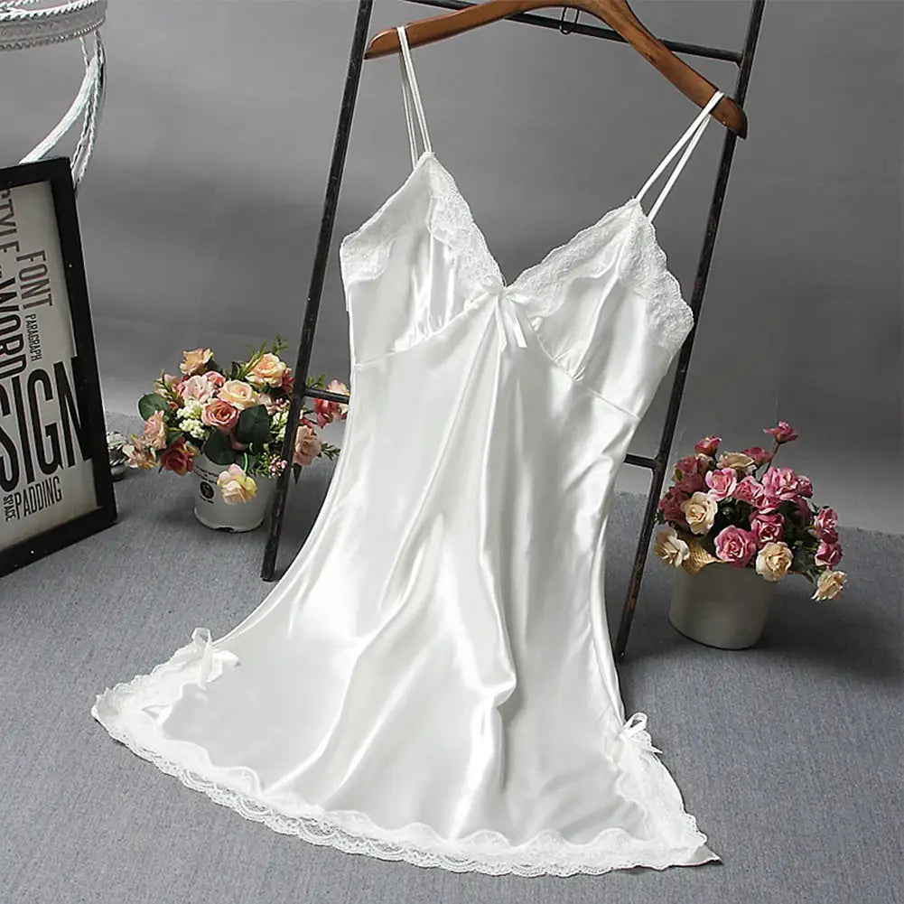 LaceLux Sexy Lace Patchwork Nightwear Lingerie Nightgown Soft Satin Polyester V Neck Lace Accents