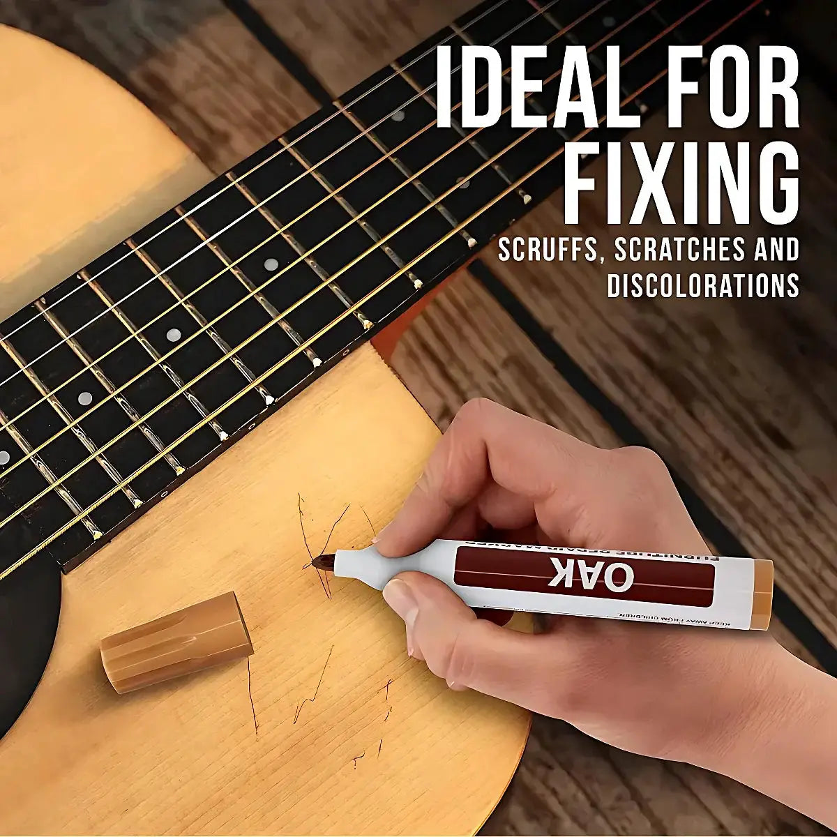 Set of 6 Simples Market furniture repair pens for wood; white woodworking markers repairing scratches on a guitar.