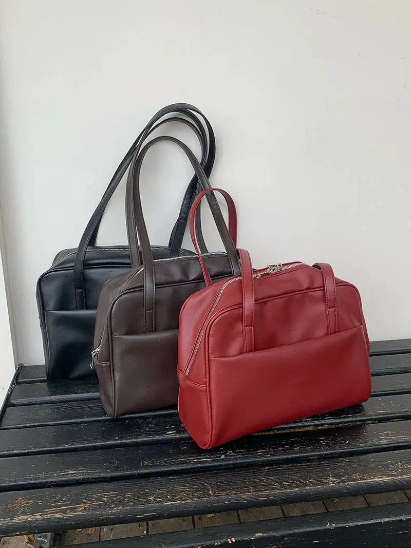 Korean Style large-capacity women's shoulder bag set of three by Simples Market in red, brown, and black faux leather