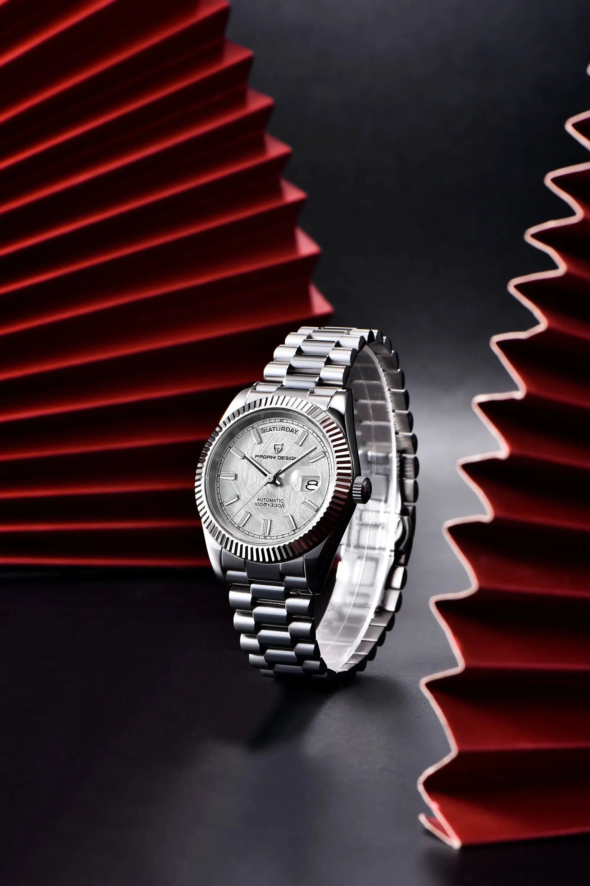 Pagani Design men's stainless steel automatic watch with silver dial and metal bracelet