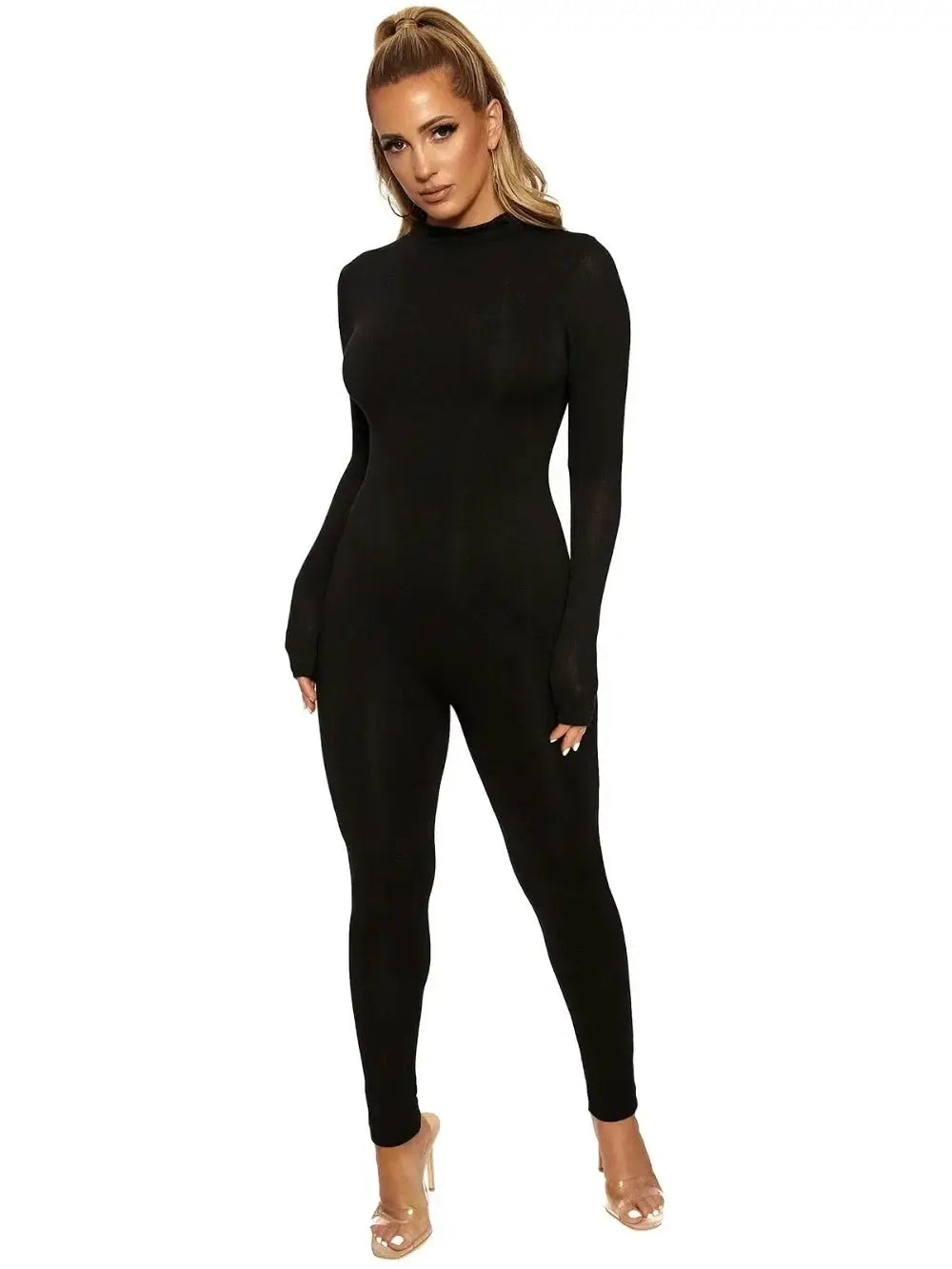 Black women's long-sleeve jumpsuit, slim-fit full-length knit fabric