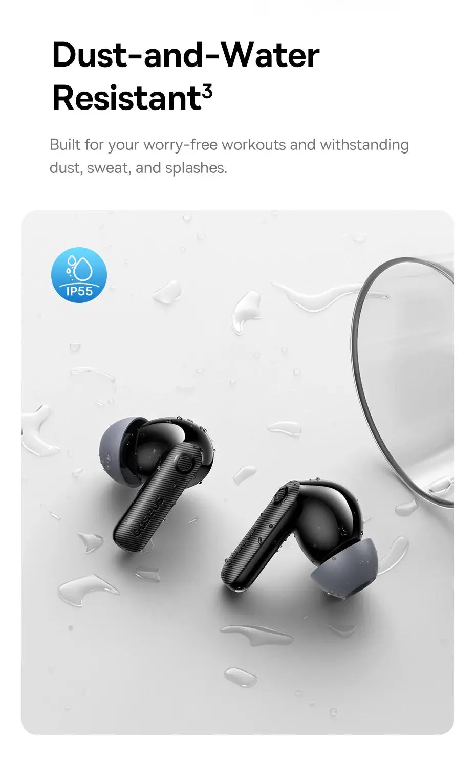 Baseus EP10 Pro ANC earbuds, black wireless stereo pair with gray silicone tips, IP55
