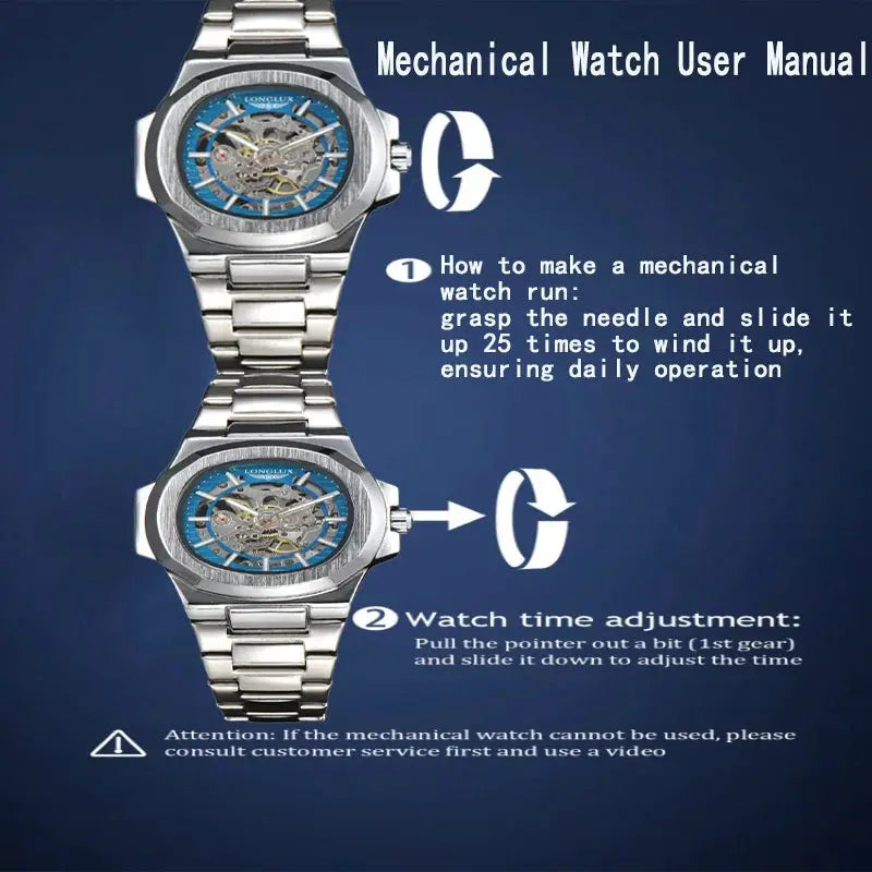 LONGLUX Men Automatic Mechanical Skeleton Watch Luxury Waterproof Stainless Steel Timepiece For Business And Casual Wear