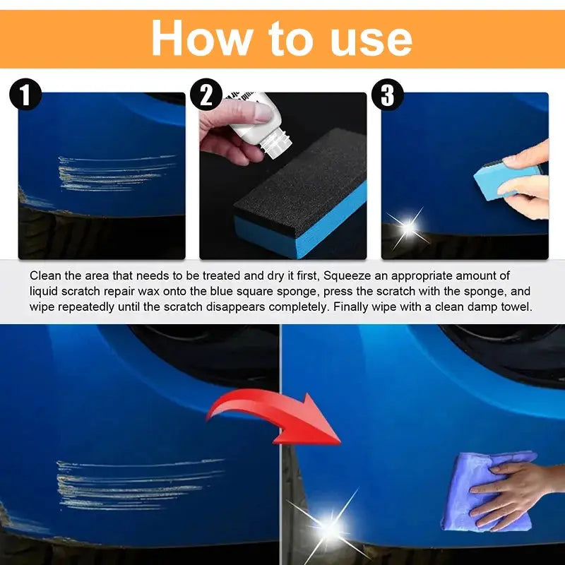 Car scratch remover paste with sponge for car body paint care; blue car before/after scratch repair.