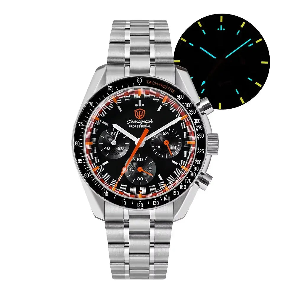 Watchdives men's chronograph watch with silver steel bracelet, black dial, orange accents, and tachymeter bezel.