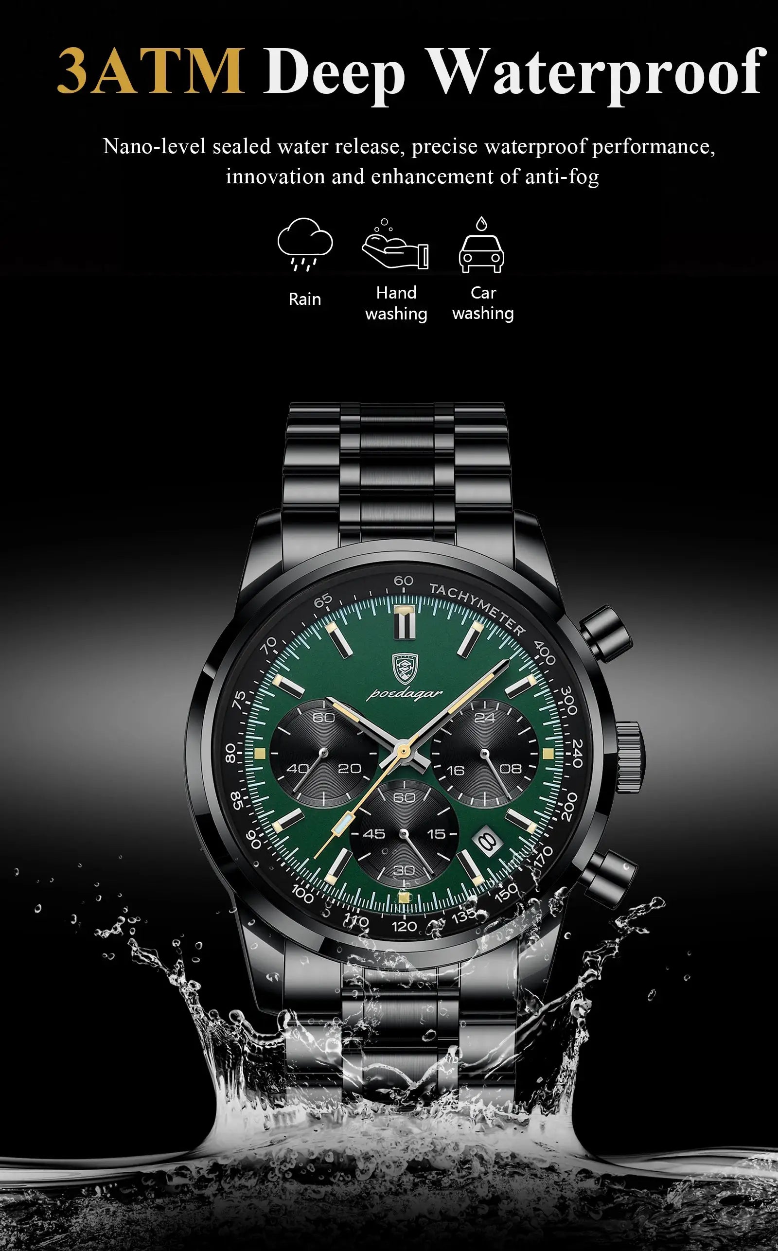 POEDAGAR stainless steel men's watch with green chronograph dial, waterproof