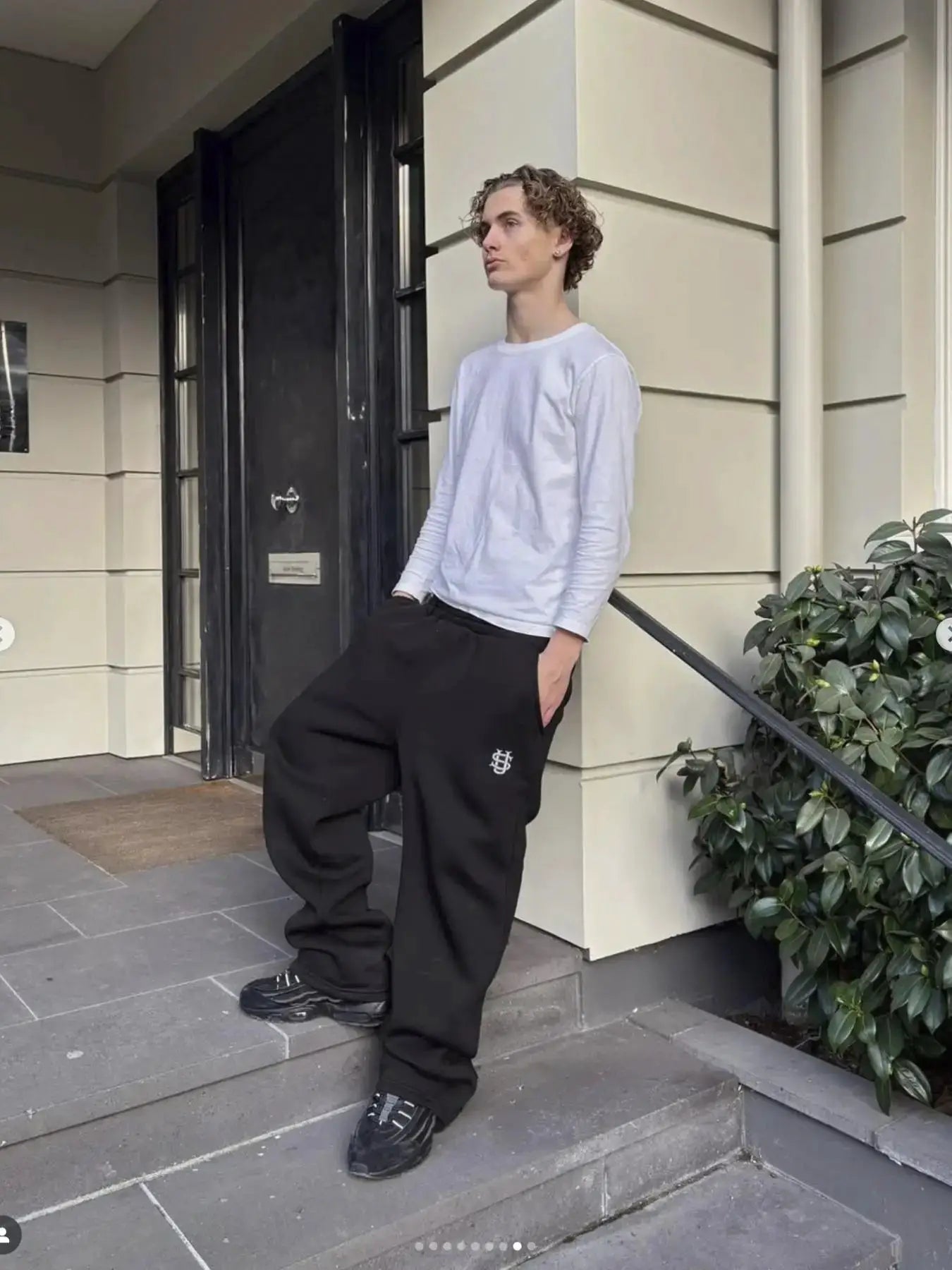New Y2K pants for men; black jogger with white embroidered logo on the leg, casual hip-hop streetwear