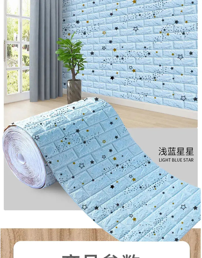 3D foam brick wall panels wallpaper in light blue with black and gold star decals; self-adhesive, waterproof wall decor