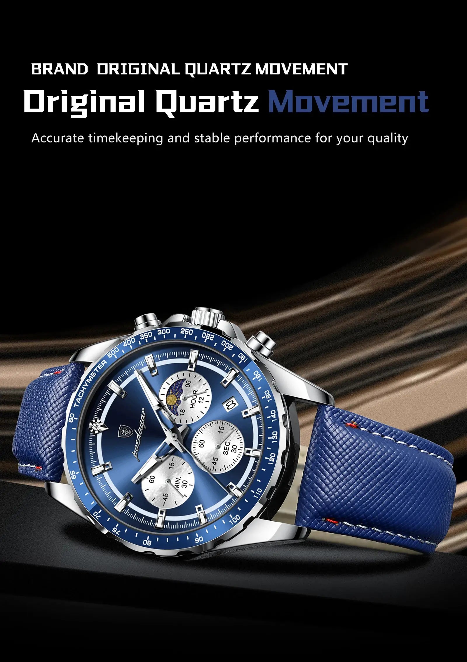 POEDAGAR blue chronograph wristwatch for men with blue leather strap and tachymeter bezel