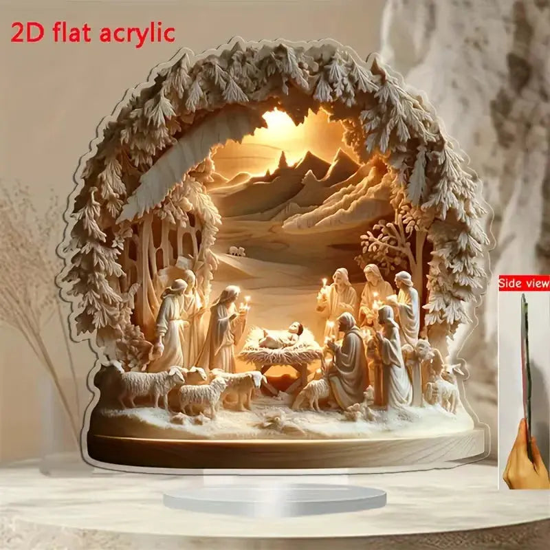 Simples Market 2D flat acrylic nativity scene LED tabletop decoration featuring baby Jesus with shepherds and animals