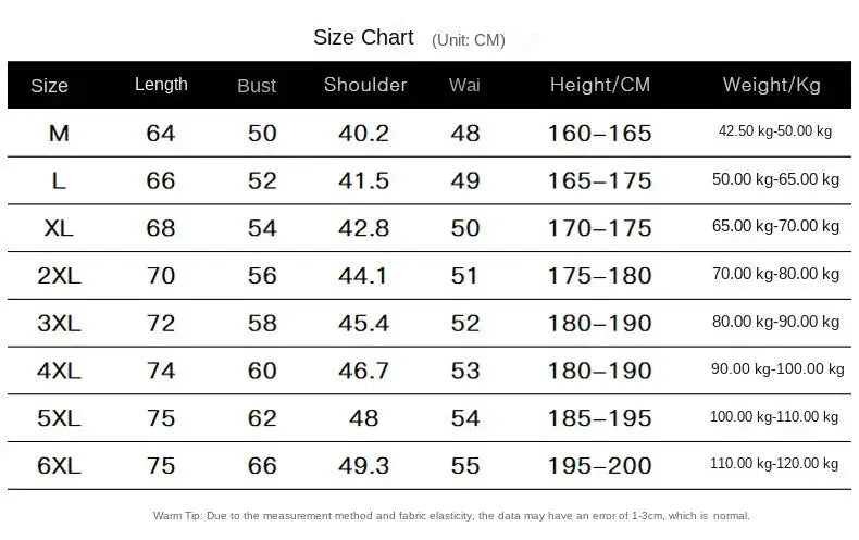 Soft shell thick vest size chart; M-6XL measurements in cm: length, bust, shoulder, waist, height, weight