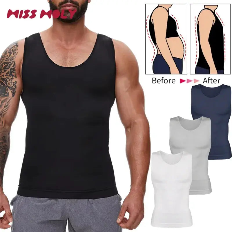 Men's compression shirt with tummy control by Simples Market; black shown, available in navy, white, and gray.