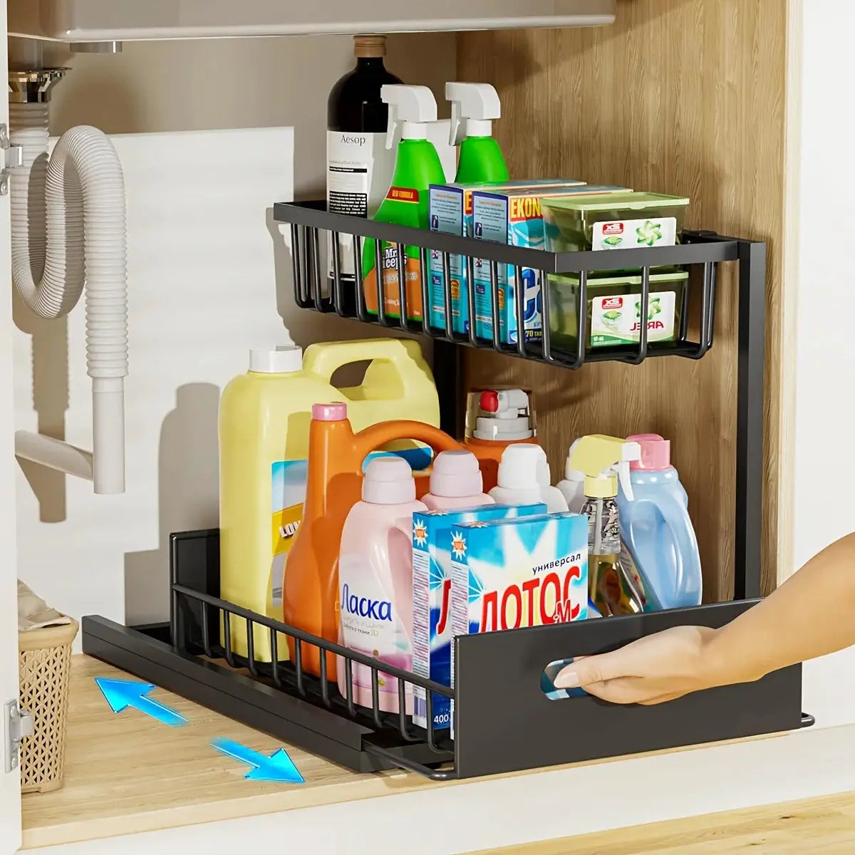 2 Tier Sliding Under Sink Organizer Metal Storage For Kitchen And Bathroom Cabinets Rustproof Cleaning Supplies