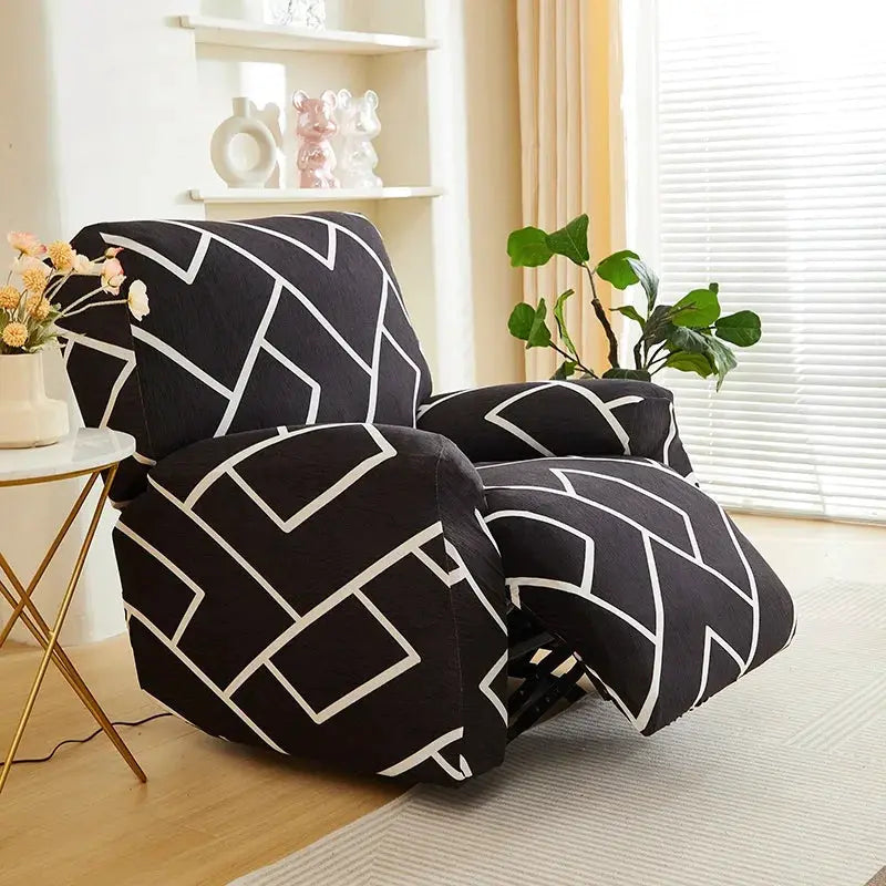 Elastic recliner sofa cover, black with white geometric lines, stretch slipcover for living room armchair