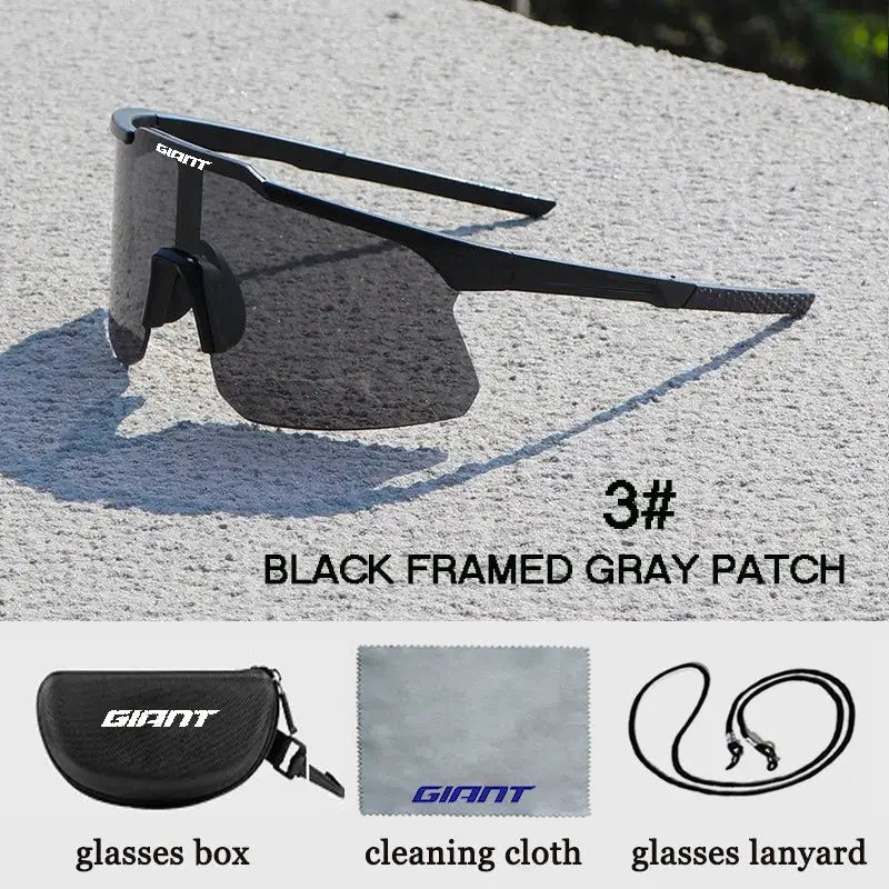 Giant cycling sunglasses with black TR90 frame and gray lenses, UV400, includes case, cleaning cloth and lanyard
