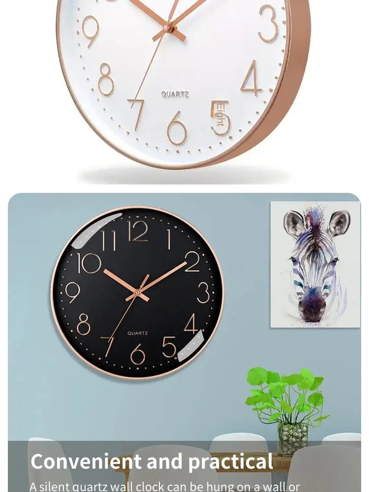 Two 8-inch mute wall clocks with rose-gold frames, white and black faces.