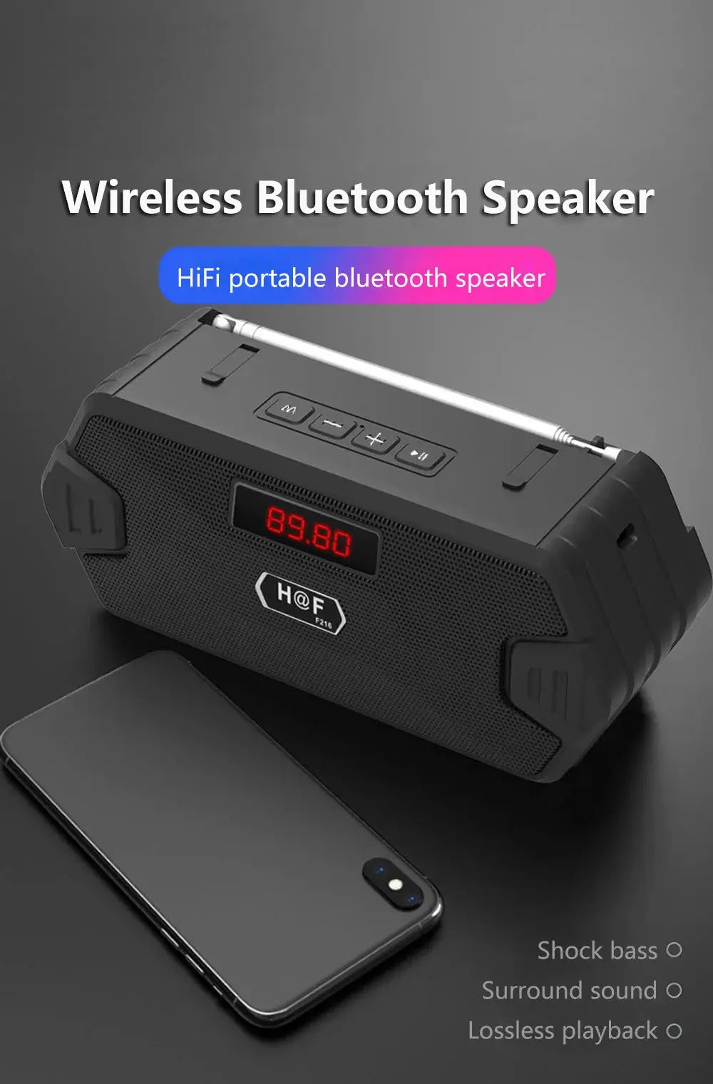 Bass Hifi outdoor portable Bluetooth speaker with LED display and top controls in black rugged housing with HF logo.