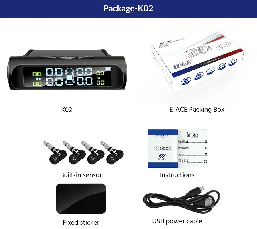 K02 TPMS tire pressure monitor system by Simples Market; solar-powered with 4 sensors, USB power cable, manual
