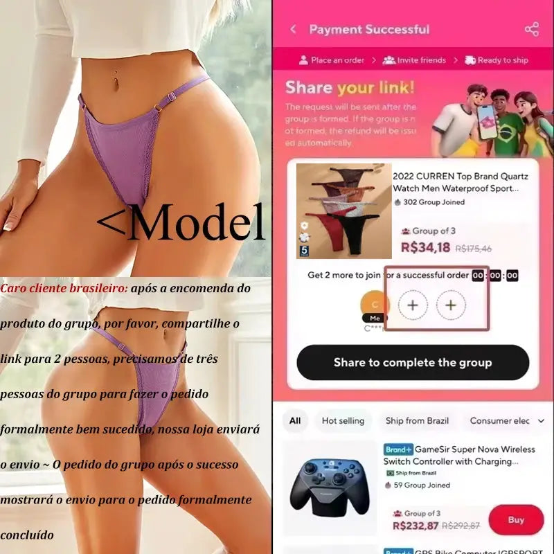 G-string thong underwear in purple cotton worn by model.