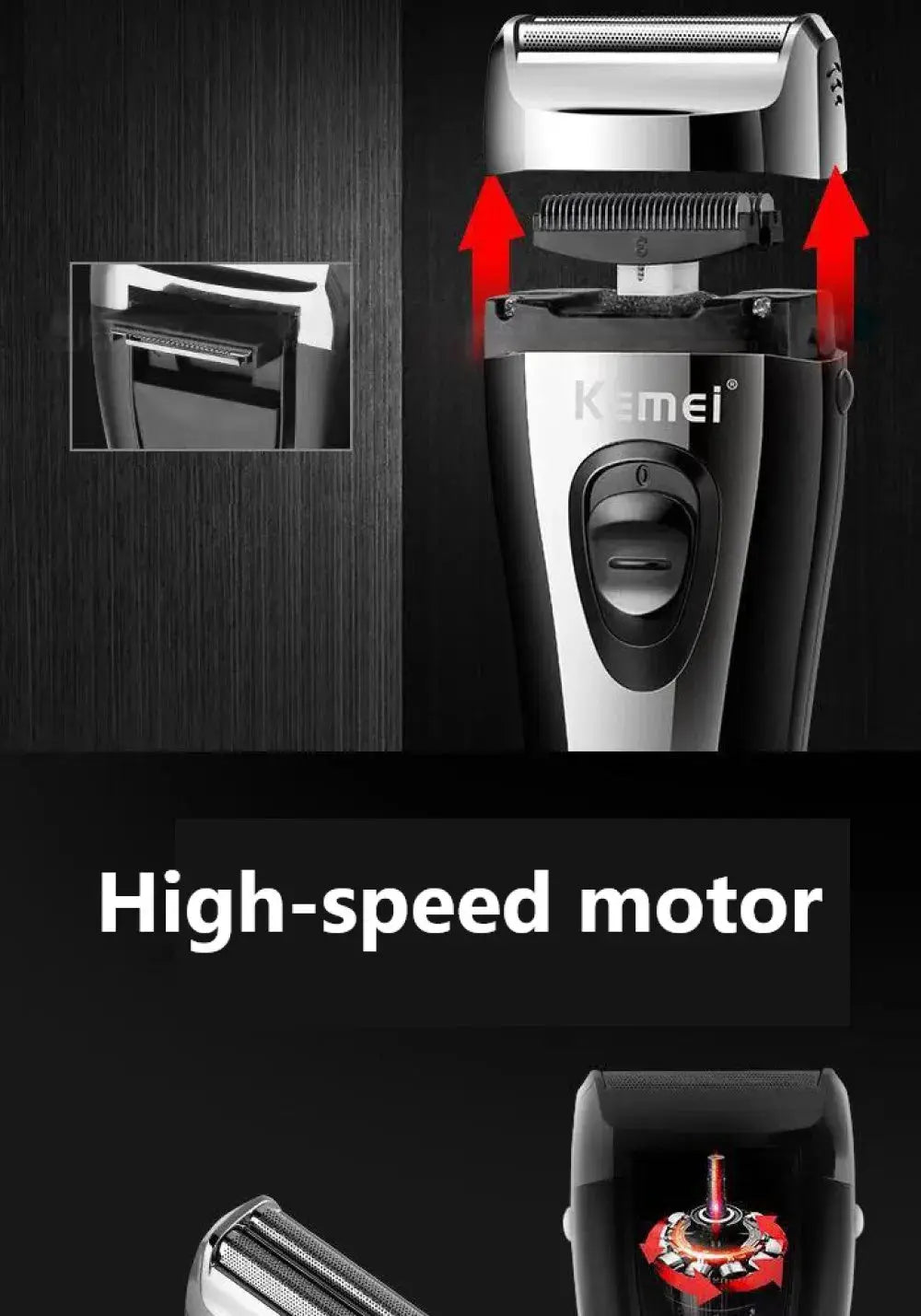 Kemei KM-9038 men's rechargeable foil shaver with USB, black-silver finish, includes extra mesh