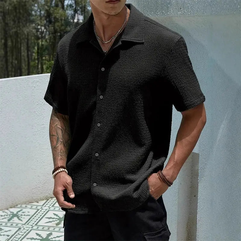 Men's black textured, loose-fit short-sleeve shirt for casual hip-hop streetwear