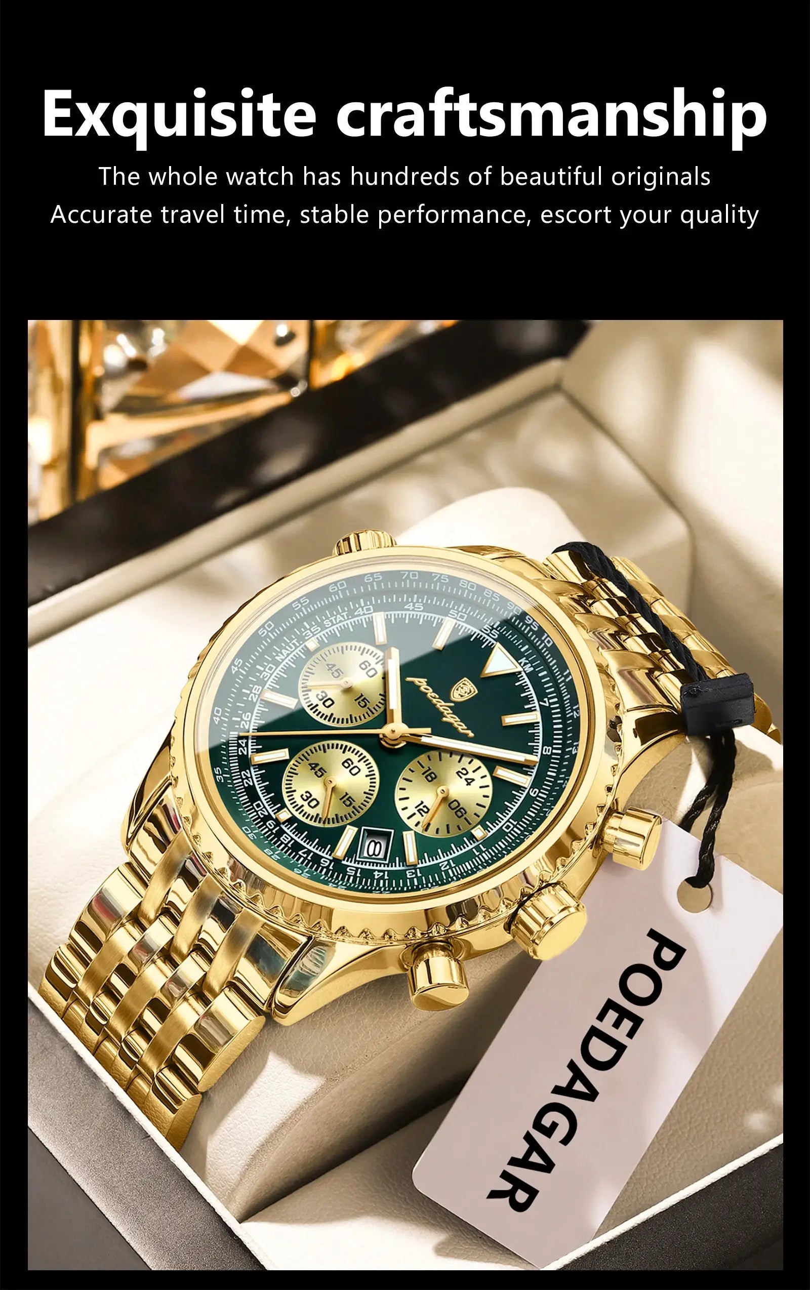 Gold POEDAGAR men's chronograph watch with green dial, date window, stainless steel bracelet
