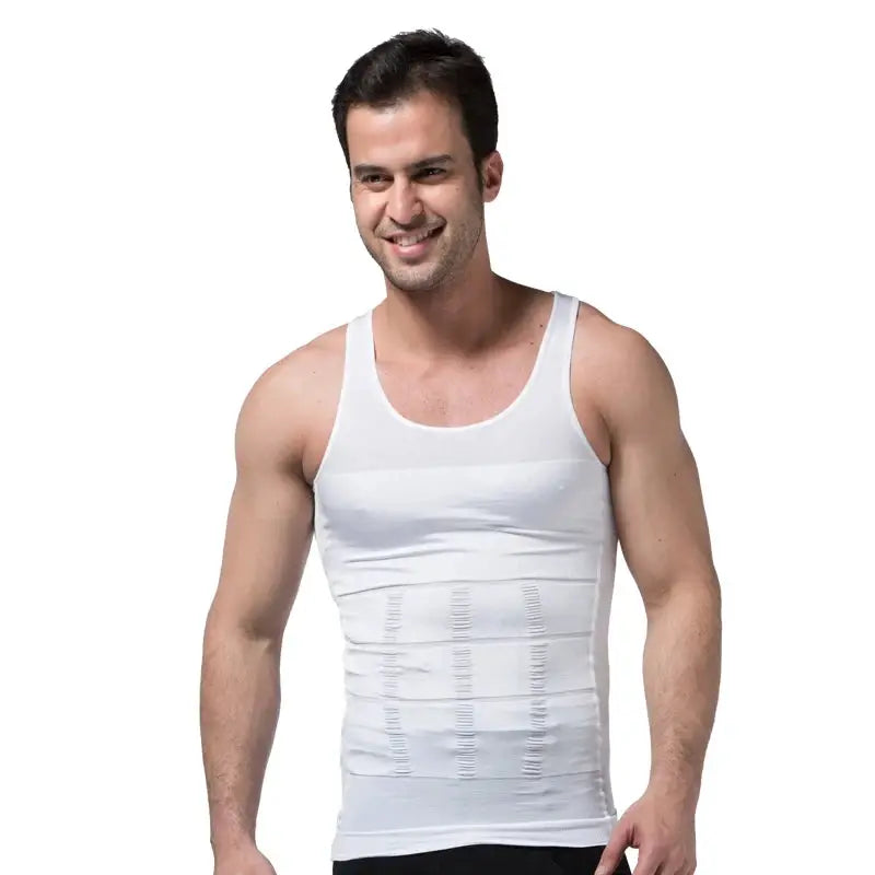 Men's white compression sleeveless gym tank top by Simples Market with torso compression panels