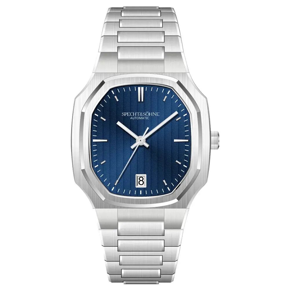 Specht&Söhne 37mm automatic men's watch with blue striped dial, stainless steel case and bracelet, date window