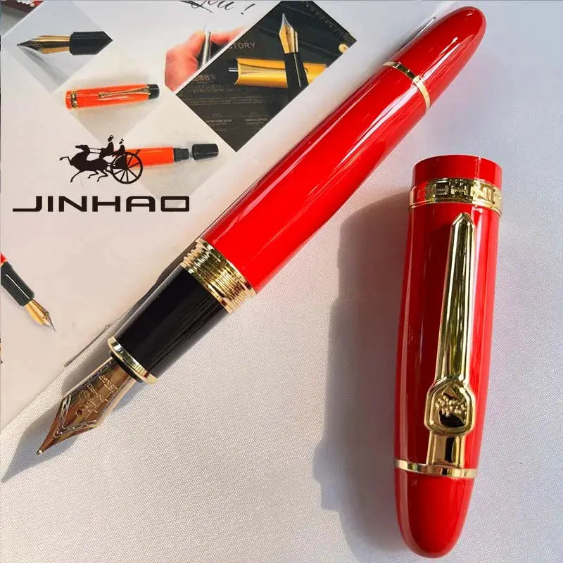 Jinhao 159 red fountain pen with gold trim, cap and nib visible on a Jinhao brochure