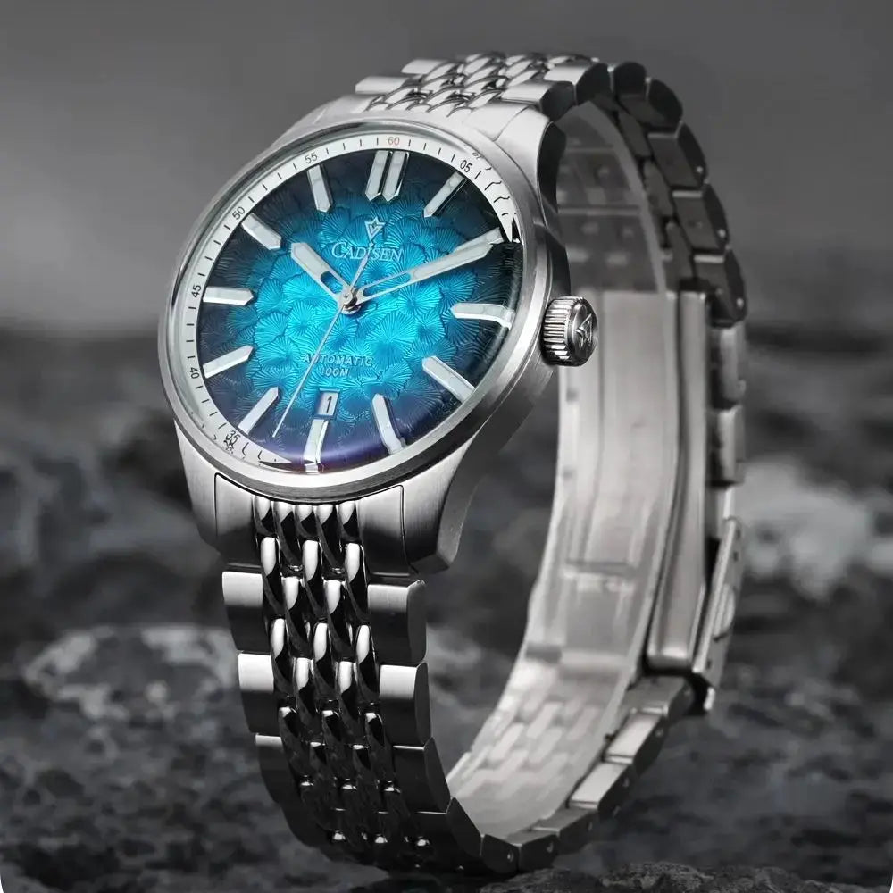 CADISEN automatic men's watch with blue dial, stainless steel bracelet, Miyota 8215 movement, 10ATM water resistant