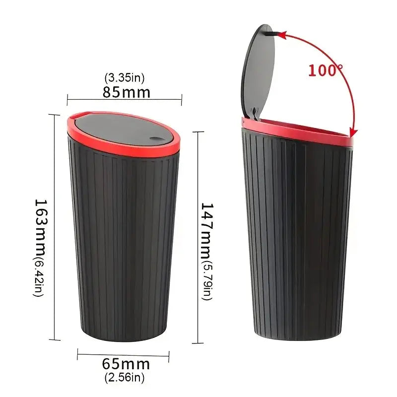 Universal car trash bin; black ribbed plastic with red rim and gray lid, opens to 100°, compact 16 cm tall.
