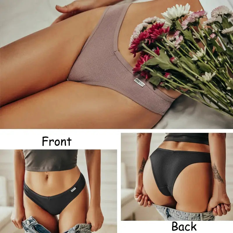 Finetoo cotton Brazilian panties; mauve V-waist T-back thong with FINETOO tag, plus black bikini briefs; 2 items shown.