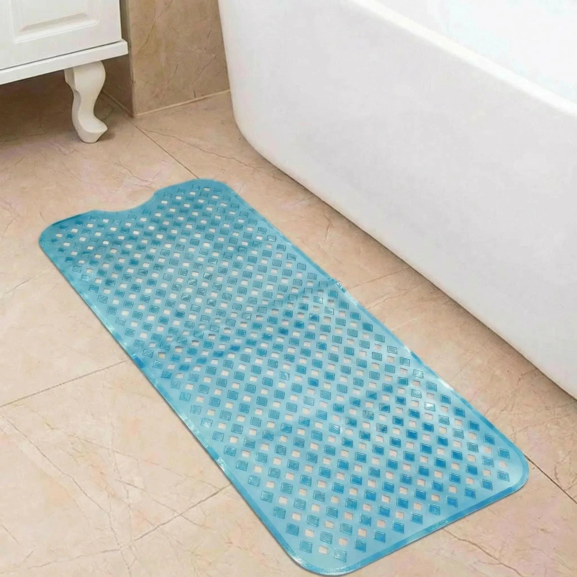 Simples Market blue 40x100cm bathtub mat with square grid pattern on tiled bathroom floor