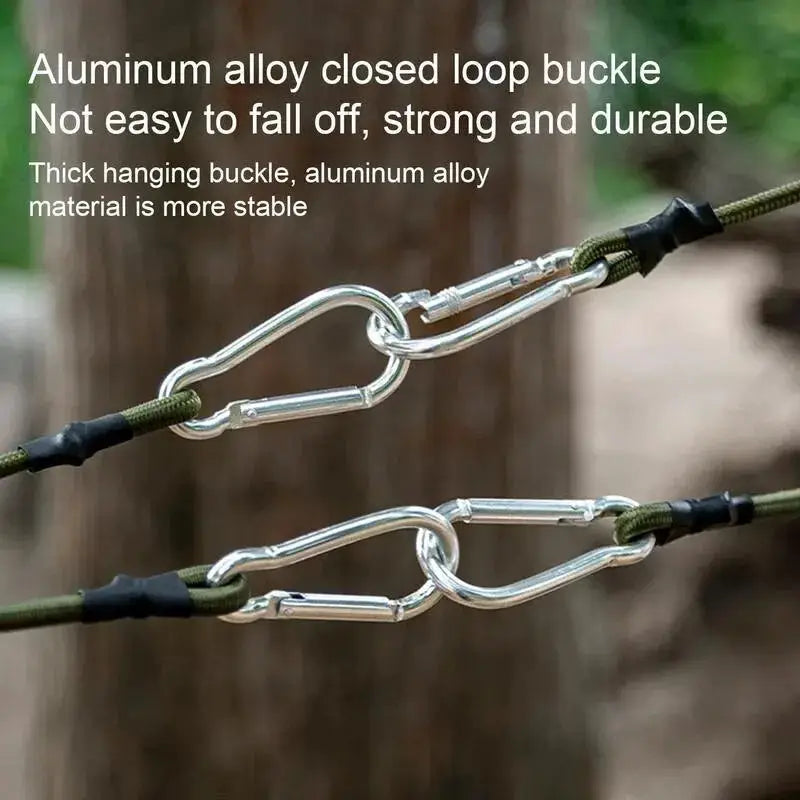 Simples Market outdoor heavy-duty bungee cord with two aluminum alloy carabiner hooks on green cord for camping
