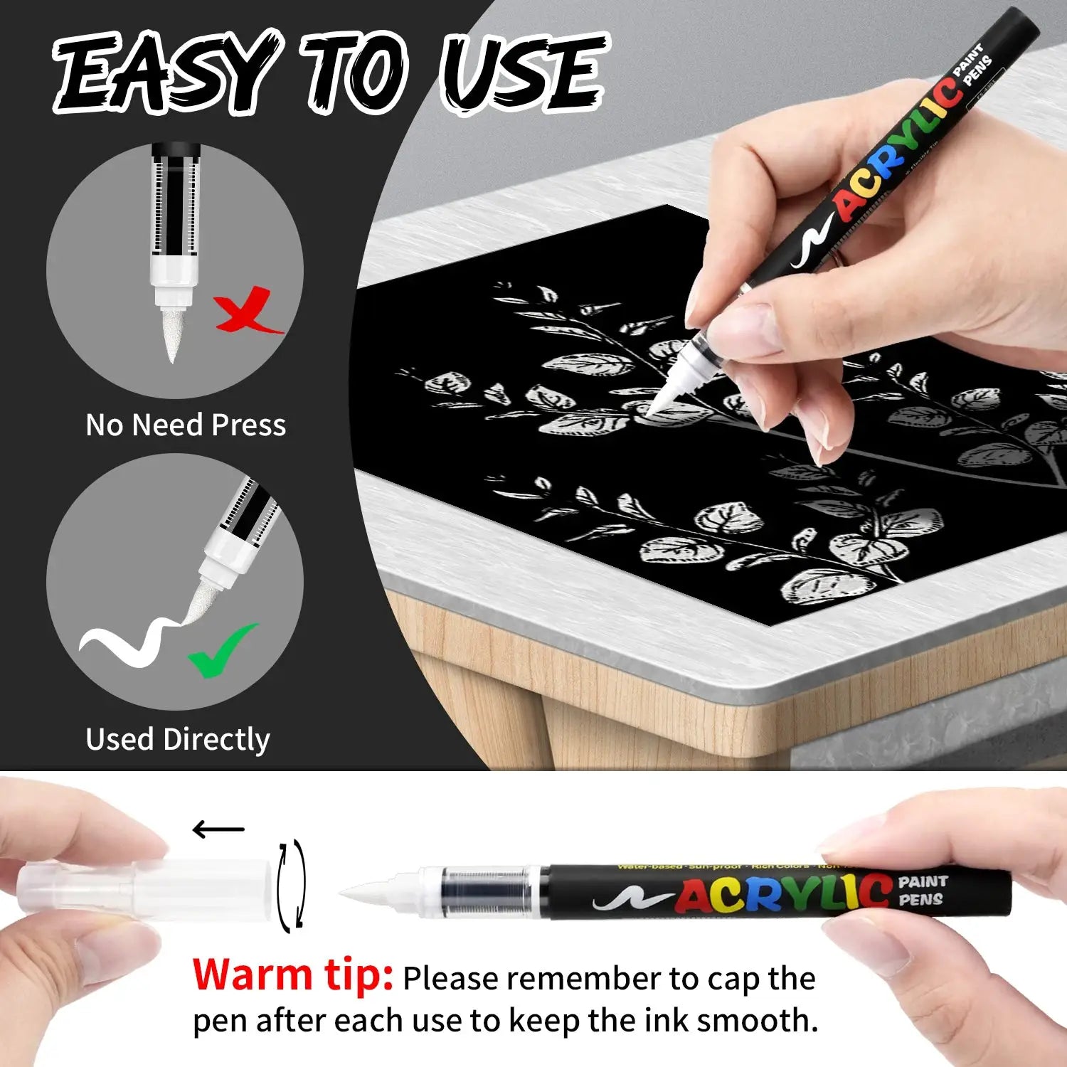 8-piece black and white acrylic paint marker set by Simples Market with ink capacity for art and sketching on wood.